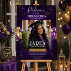 Purple Graduation Party Welcome Sign with Photo, High School College Grad Dinner Brunch Sign for him and her, Editable Printable Template
