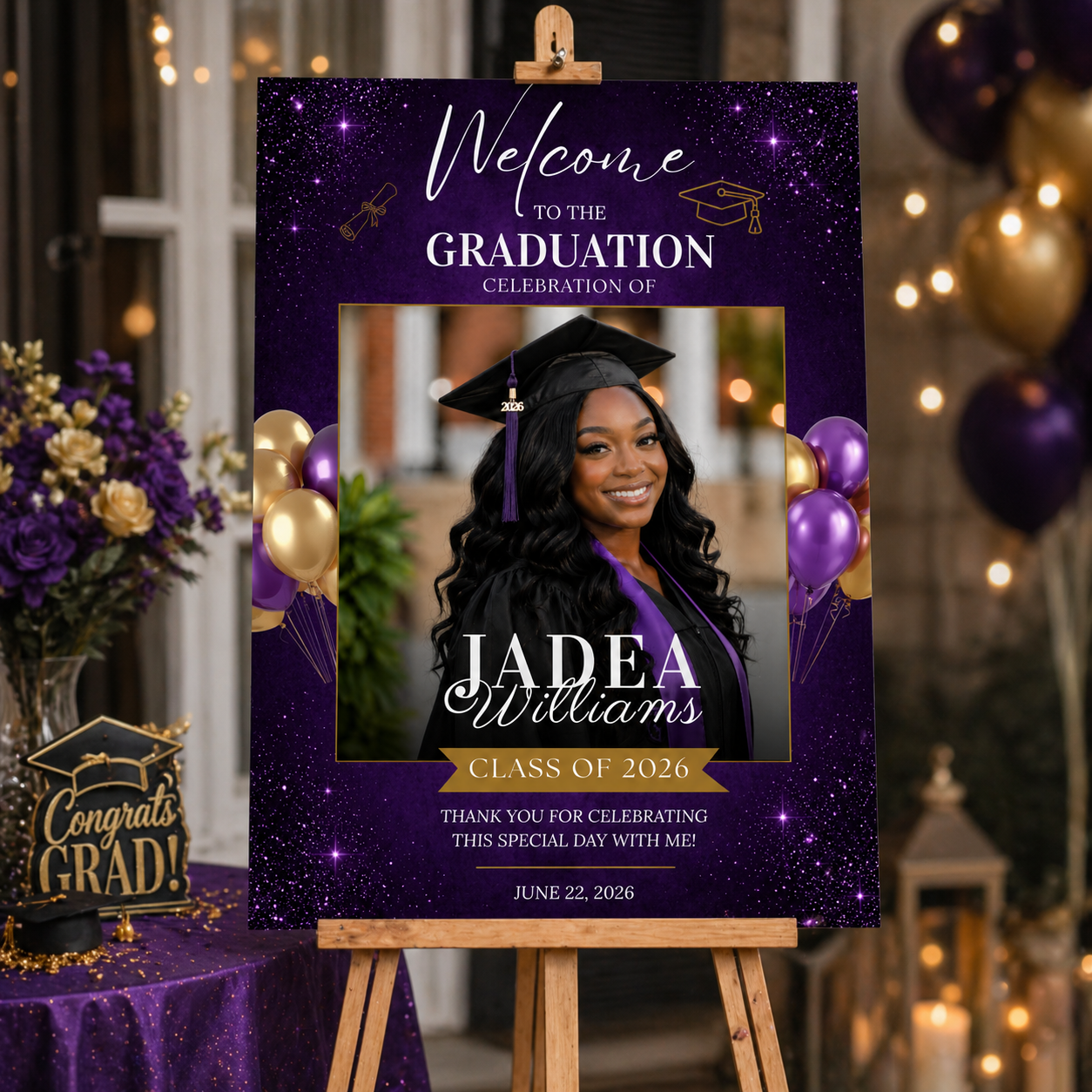 Purple Graduation Party Welcome Sign with Photo, High School College Grad Dinner Brunch Sign for him and her, Editable Printable Template