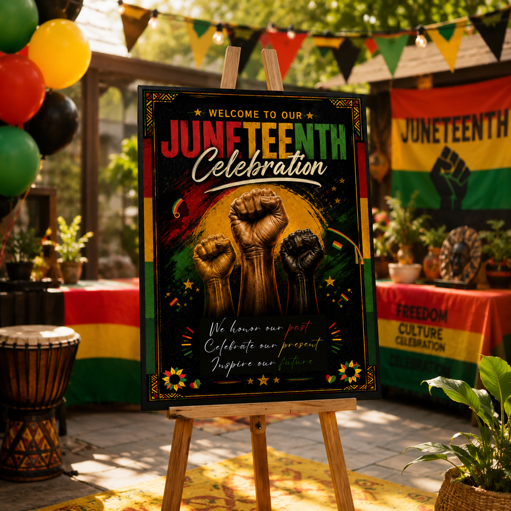 Juneteenth Welcome Sign, June 19th Black Freedom Day Party Poster Sign, BBQ Cookout Sign, Emancipation Day Sign, Printable Canva Template