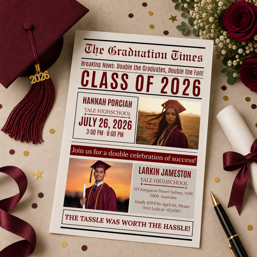 Double Graduation Invitation Newspaper with Photo, Editable Class of 2026 Twin Grad Party Invite, Canva Printable Template for Him and Her