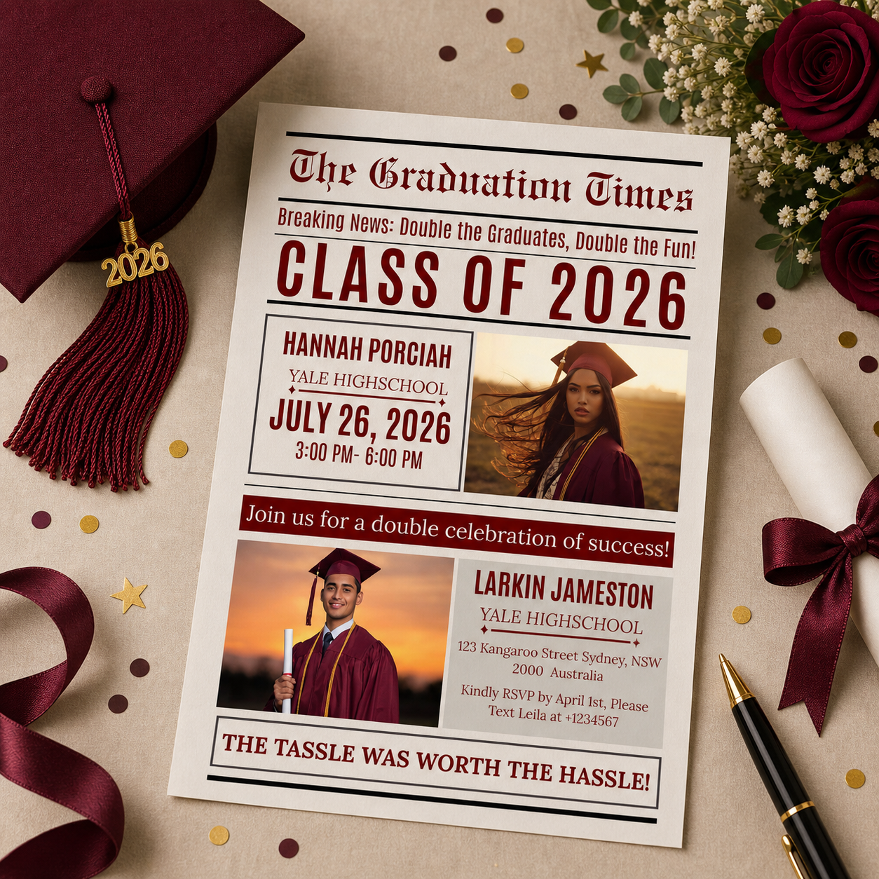 Double Graduation Invitation Newspaper with Photo, Editable Class of 2026 Twin Grad Party Invite, Canva Printable Template for Him and Her