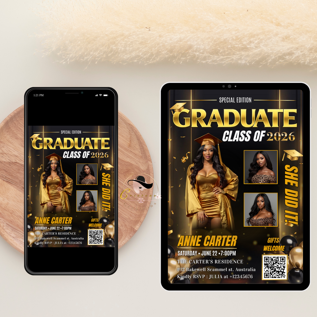Graduation Announcement 2026 Invitation, Senior Grad Party with photo invite, Woman College High school Graduates, Black gold Flyer Template