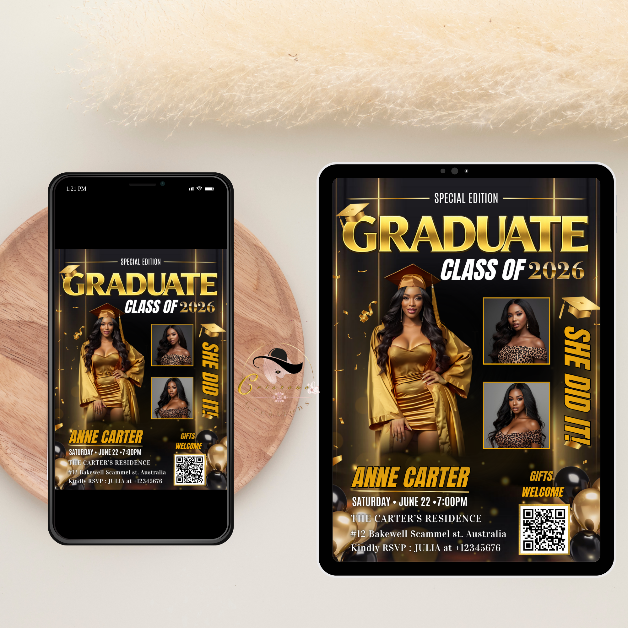 Graduation Announcement 2026 Invitation, Senior Grad Party with photo invite, Woman College High school Graduates, Black gold Flyer Template