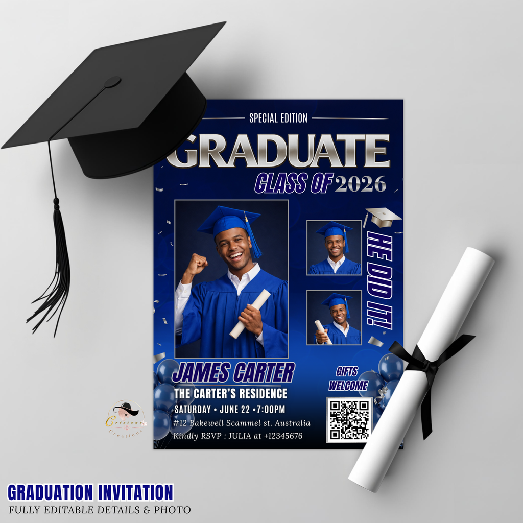 Blue Graduation Invitation, Boy Senior Grad Party with photos invite, Male College High school Graduates Announcement Card Flyer Template
