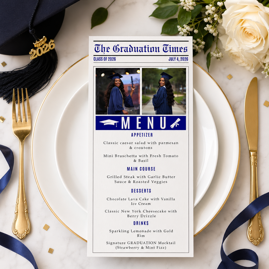 Blue Graduation Newspaper Menu Template, Senior Grad Party Menu Class of 2026 Dinner Menu Printable for Him and Her, Editable Printable Card