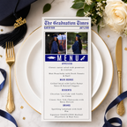 Blue Graduation Newspaper Menu Template, Senior Grad Party Menu Class of 2026 Dinner Menu Printable for Him and Her, Editable Printable Card