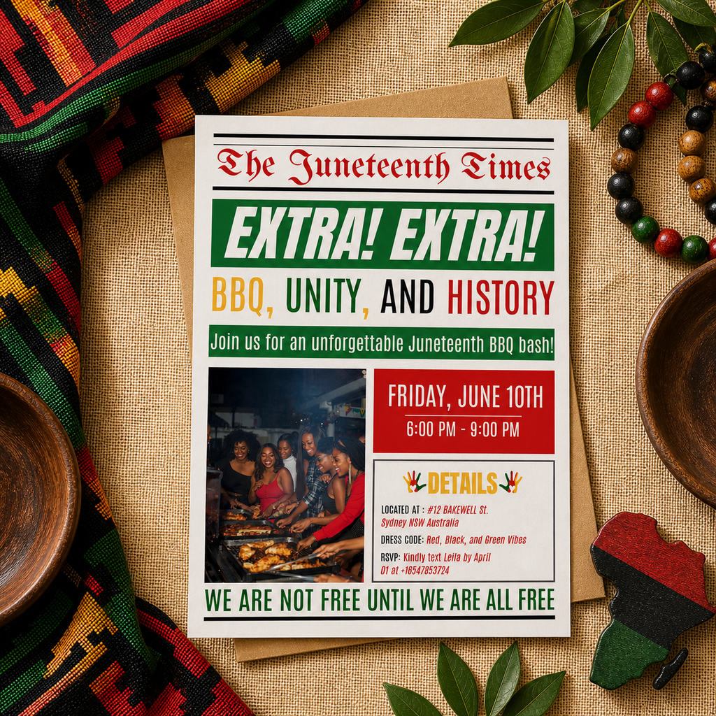 Newspaper Juneteenth BBQ Cookout Invitation, Black Freedom Celebration Party Invite, Independence Day Barbecue Printable Digital Template