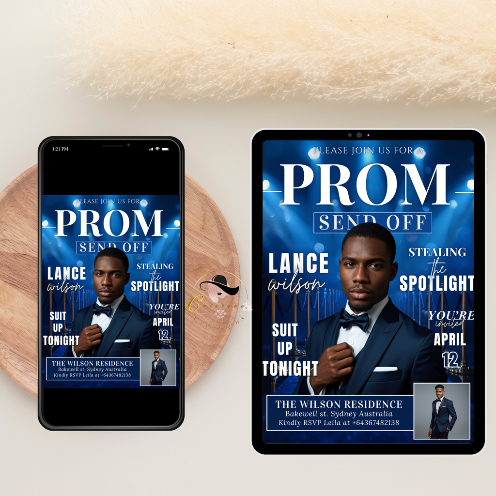 Blue Prom Send Off Invitation, Prom King Party with photo invite, Teen Boy Prom Night Flyer, Magazine Style Digital Printable Template
