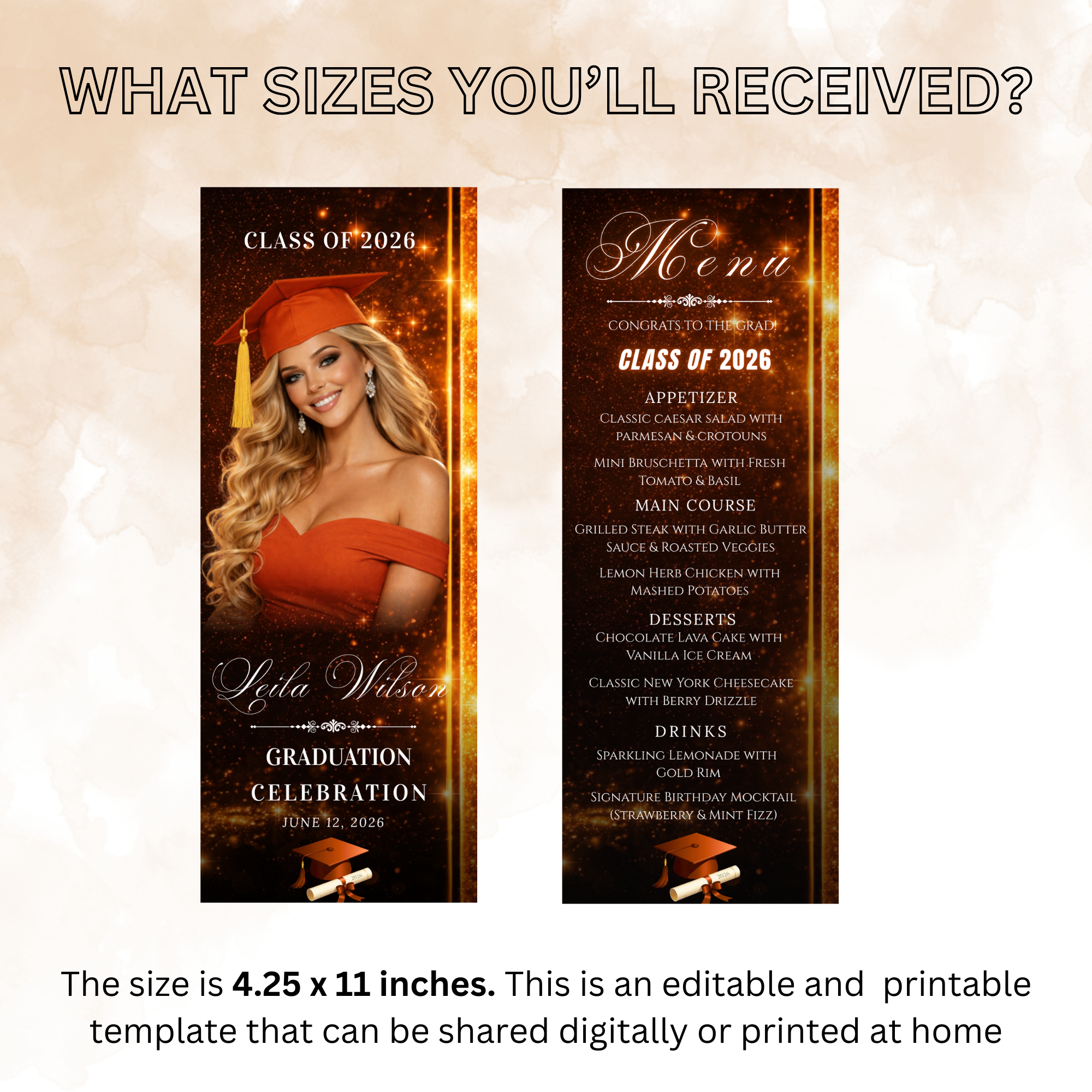 Orange Graduation Menu Card, Class of 2026 Menu with photo, Elegant Grad Dinner Menu Template, Boy Girl Menu, Editable Canva Printable