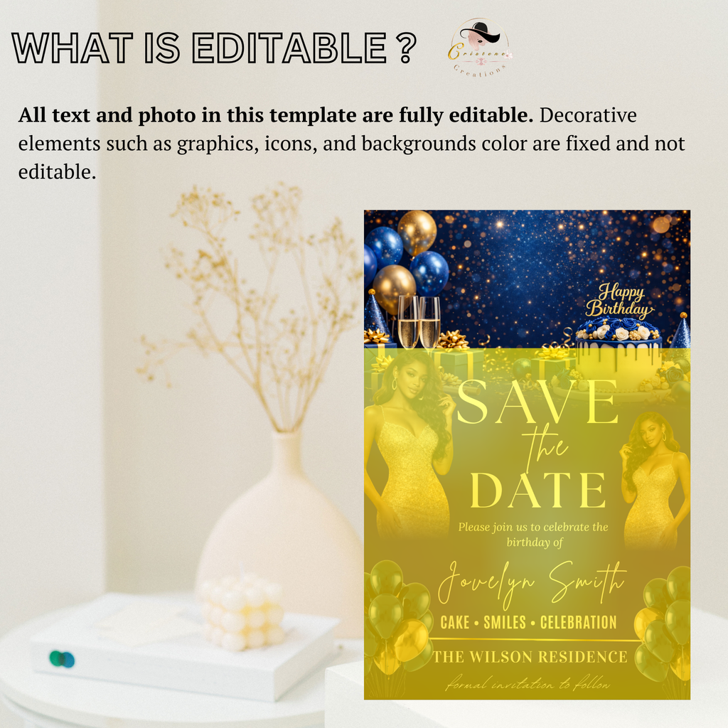 Save the Date Birthday Invitation, Blue Gold Save Date Party with photo Invite, Elegant Dinner Event Card, Printable Digital Template