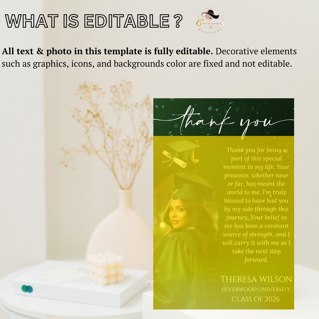 Graduation Thank You Card with Photo, High School College Grad Party Thank You Note For Him Her, Green Editable Printable Digital Template