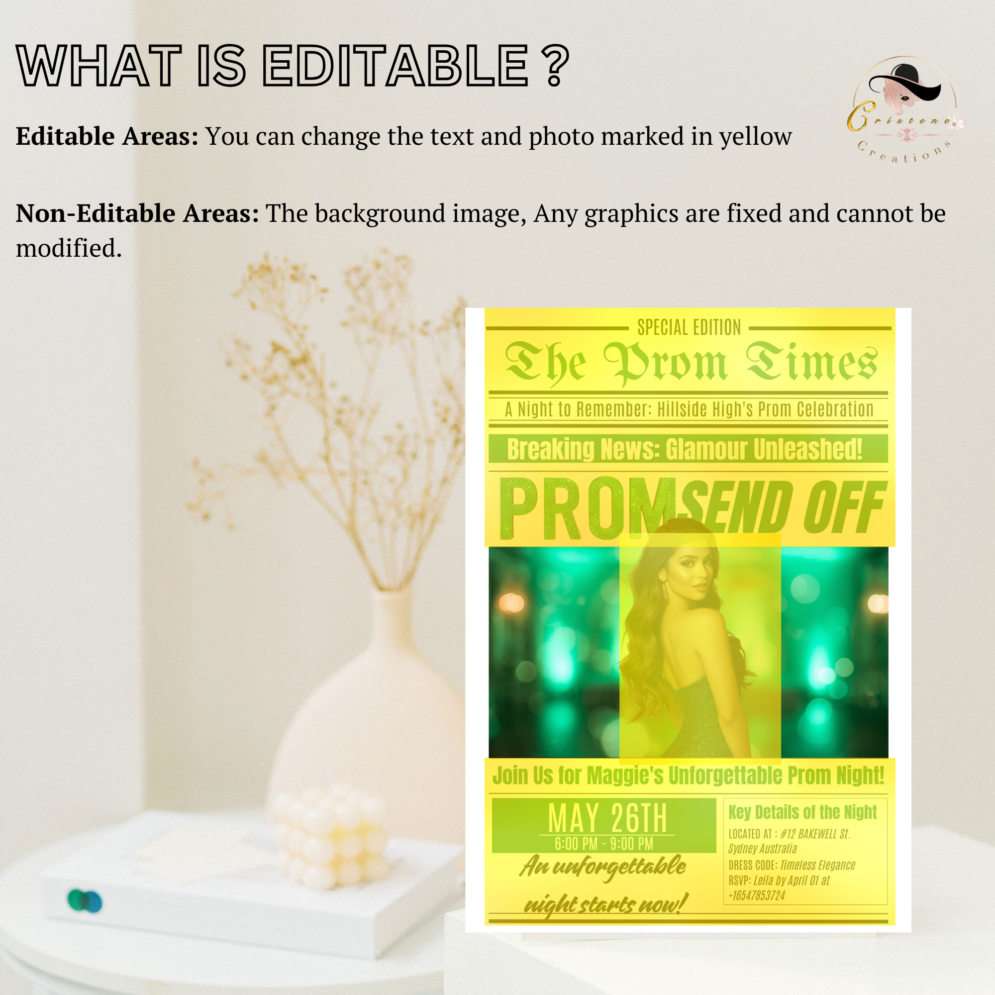 Green Newspaper Prom Send Off Invitation, Prom Queen with photo invite, Teen Boy Prom Night Party Flyer Card, Digital Printable Template