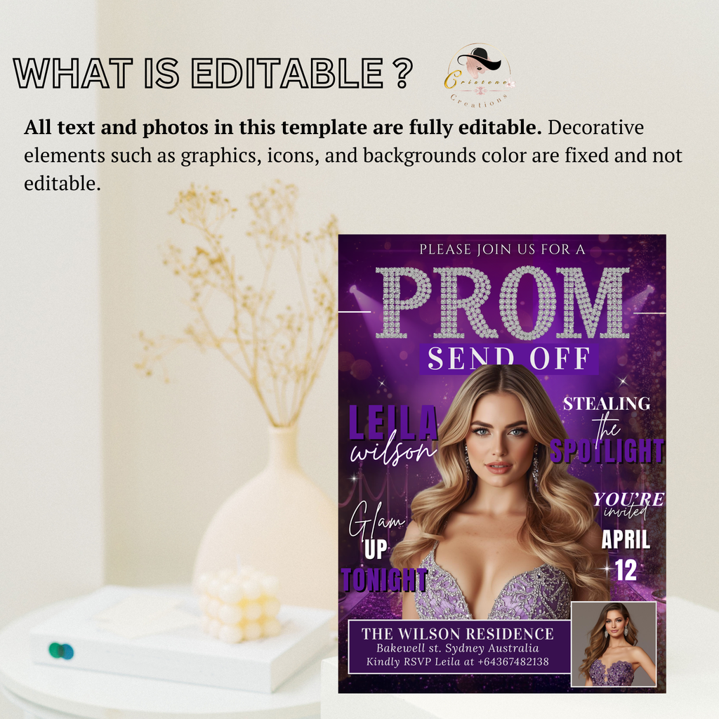 Purple Prom Send Off Party Invitation, Prom Queen with photo invite, Girl Prom Night Flyer, Elegant Diamond Theme Digital Printable Template