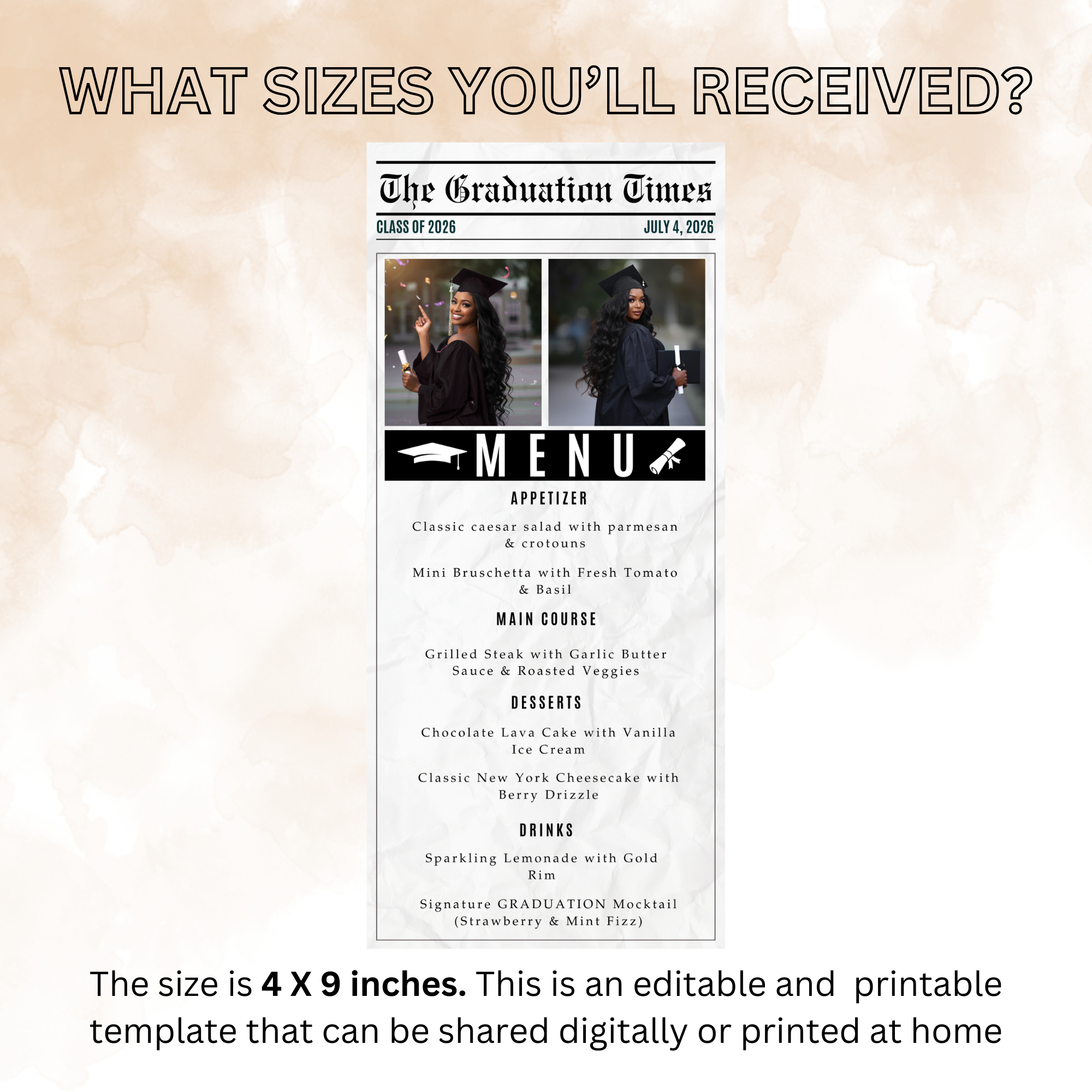Graduation Newspaper Menu Template, Senior Grad Party Menu, Class of 2026 Dinner Menu Printable for Him and Her, Editable Printable Card