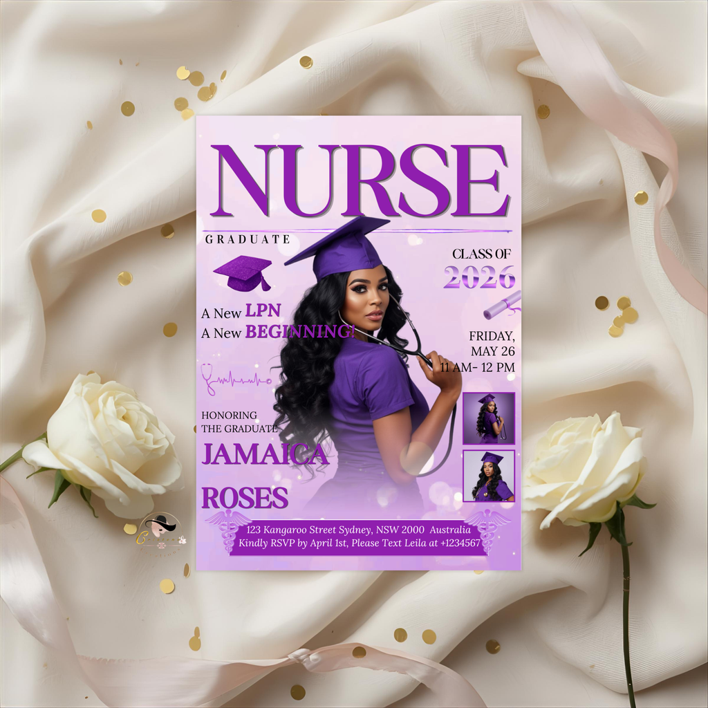 LPN Nurse Graduation Invitation with Photo, Purple Nursing Pinning Ceremony Invite for Her, Editable Canva Printable Template