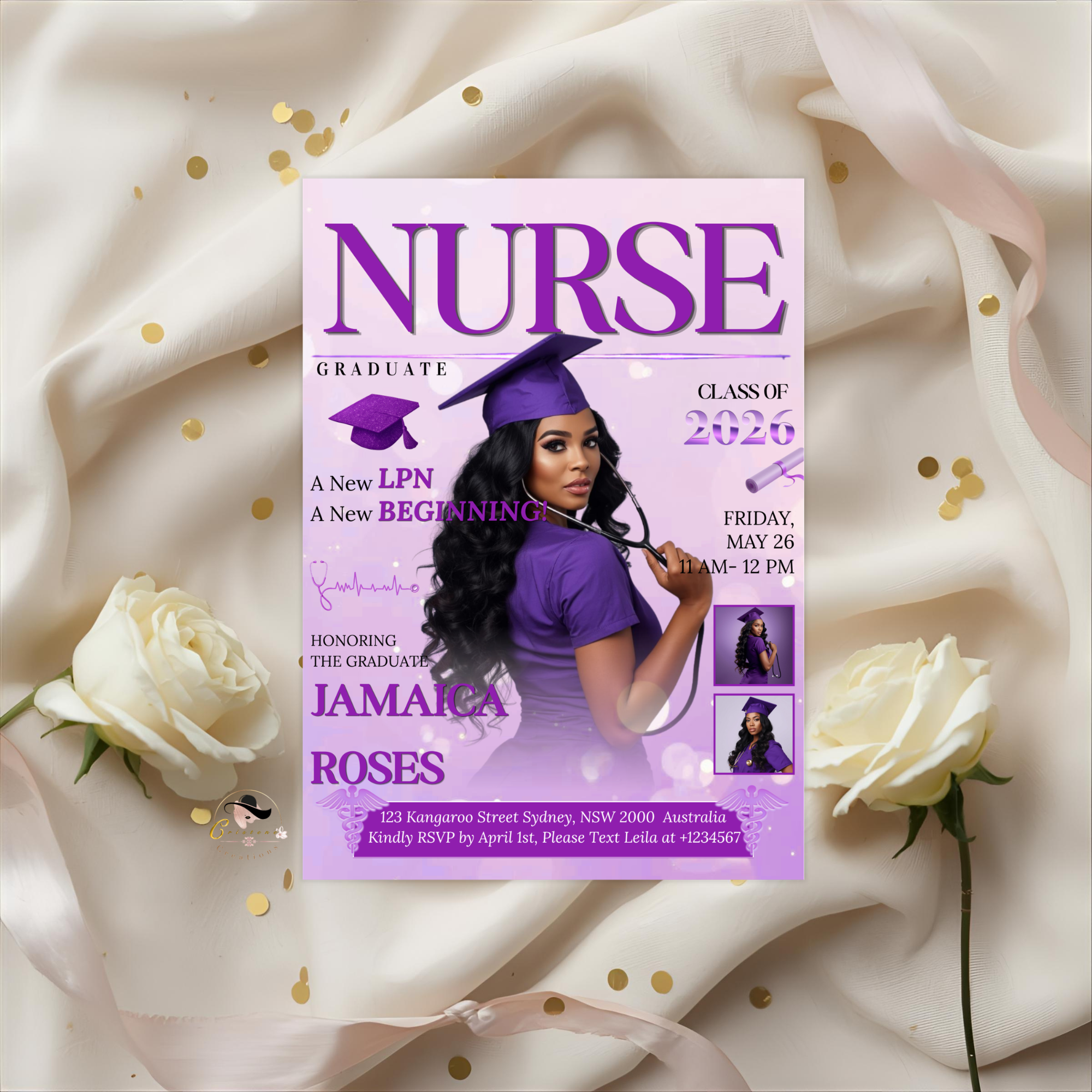 LPN Nurse Graduation Invitation with Photo, Purple Nursing Pinning Ceremony Invite for Her, Editable Canva Printable Template