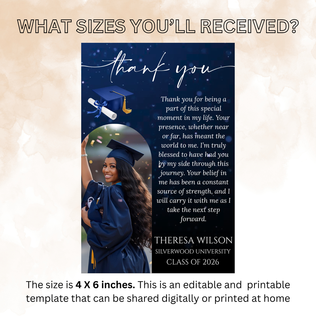 Blue Graduation Thank You Card with photo, Class of 2026 Grad Party Thank You Note For Him and Her, Editable Printable Digital Template