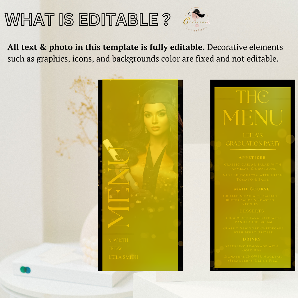 Graduation Dinner Menu with Photo, High School College Grad Party Menu Class of 2026, Black Gold Menu, Editable Canva Printable Template