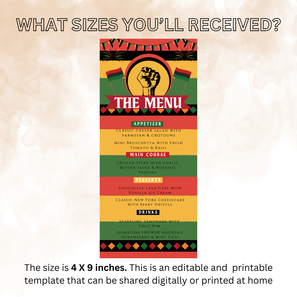 Juneteenth Menu Card Template, Black Freedom Celebration BBQ Cookout Menu, Independence Day Menu, Editable Canva Printable