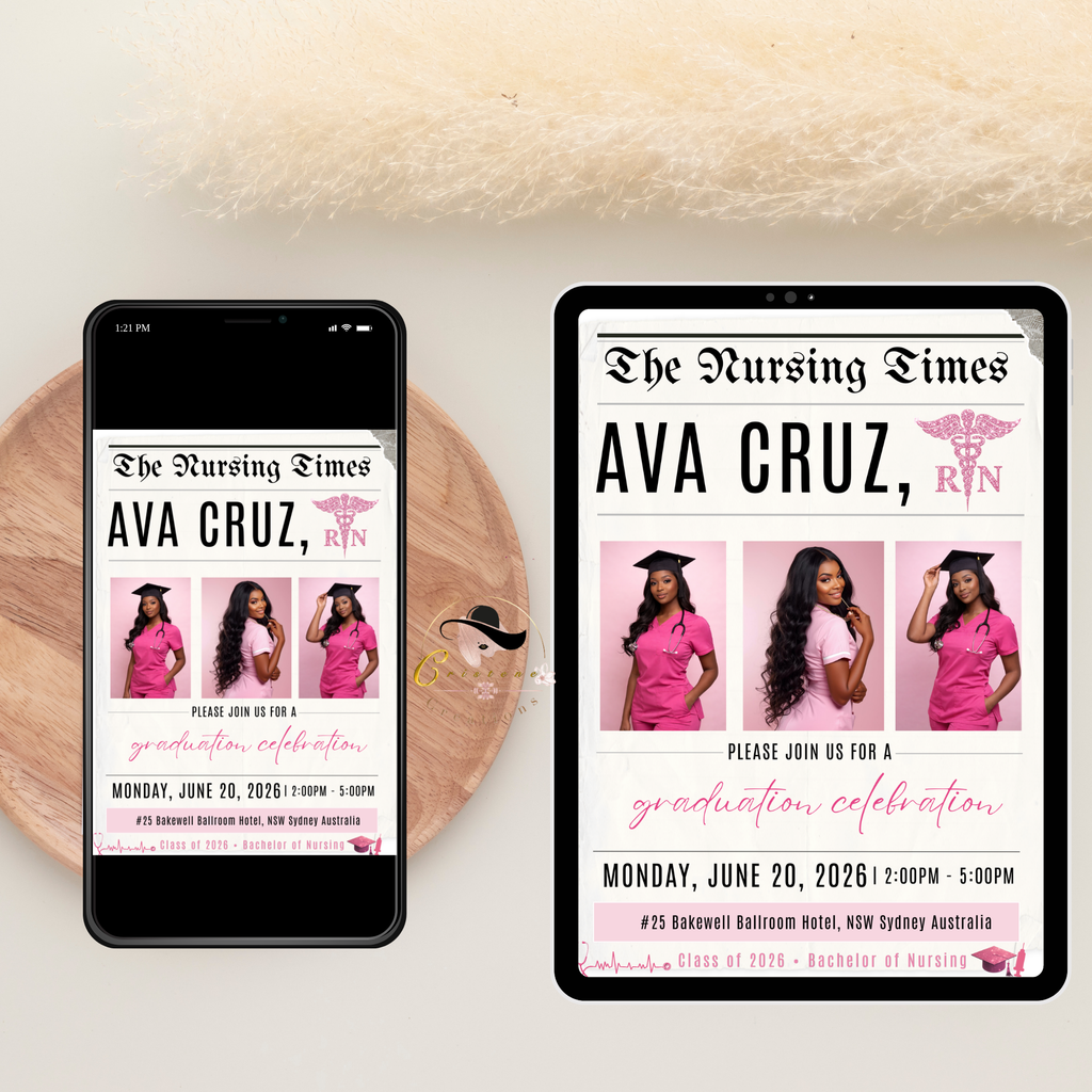 Nurse Graduation Newspaper Invitation with Photo, Pink RN BSN Pinning Ceremony Invite, Canva Digital Printable Flyer Template