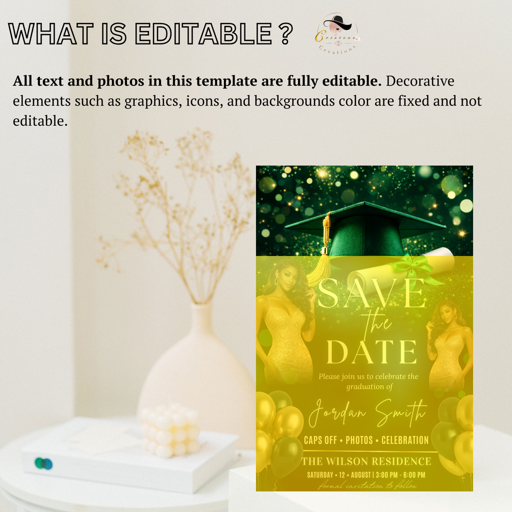 Green Graduation Save The Date Invitation, Senior Grad Announcement Card with photo invite, Class of 2026 Flyer, Digital Printable Template
