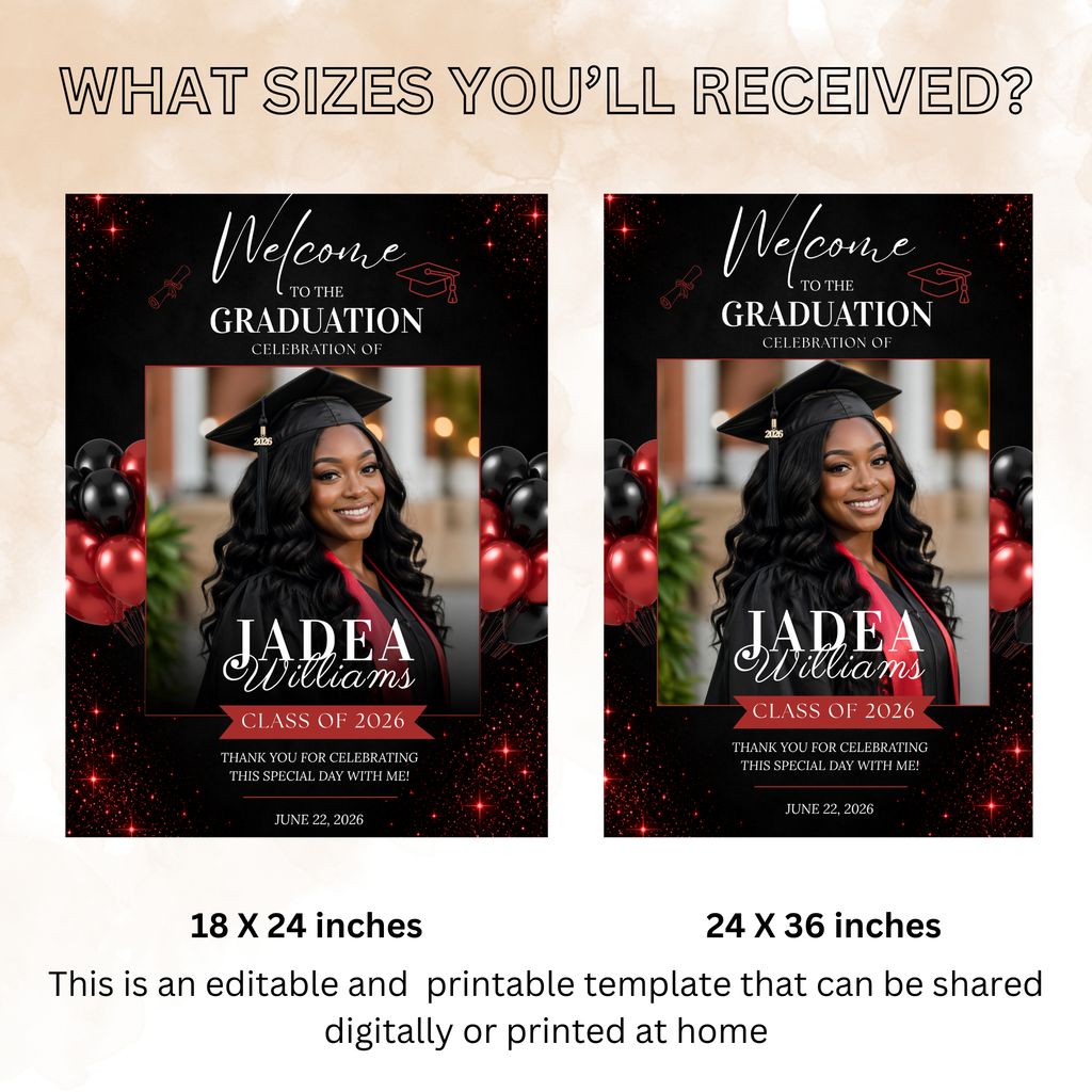Red Graduation Welcome Sign with Photo, Class of 2026 Party Sign, High School College Grad Dinner Brunch For Him and Her, Printable Template