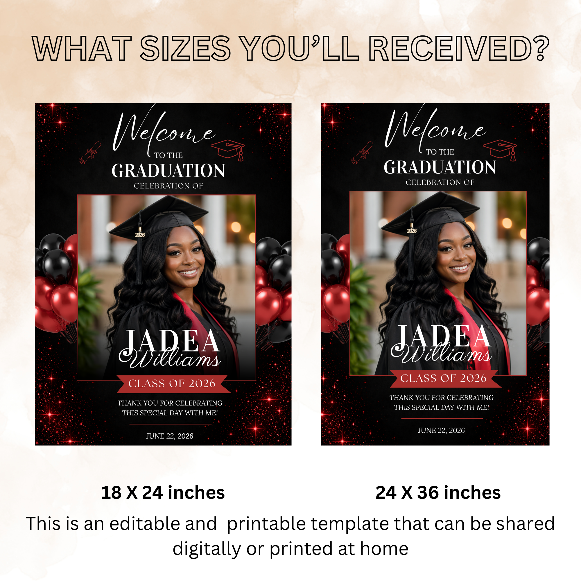 Red Graduation Welcome Sign with Photo, Class of 2026 Party Sign, High School College Grad Dinner Brunch For Him and Her, Printable Template