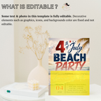 4th of July Beach Party Invitation, Patriotic Summer Birthday Invite, Tropical Fireworks Independence Day Editable Canva Digital Template