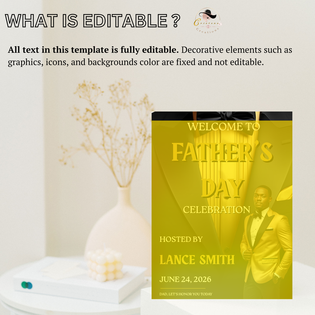 Fathers Day Welcome Sign with Photo, Tuxedo Theme Dad Party Poster Sign, Brunch Dinner Drinks Celebration, Editable Canva Printable Template