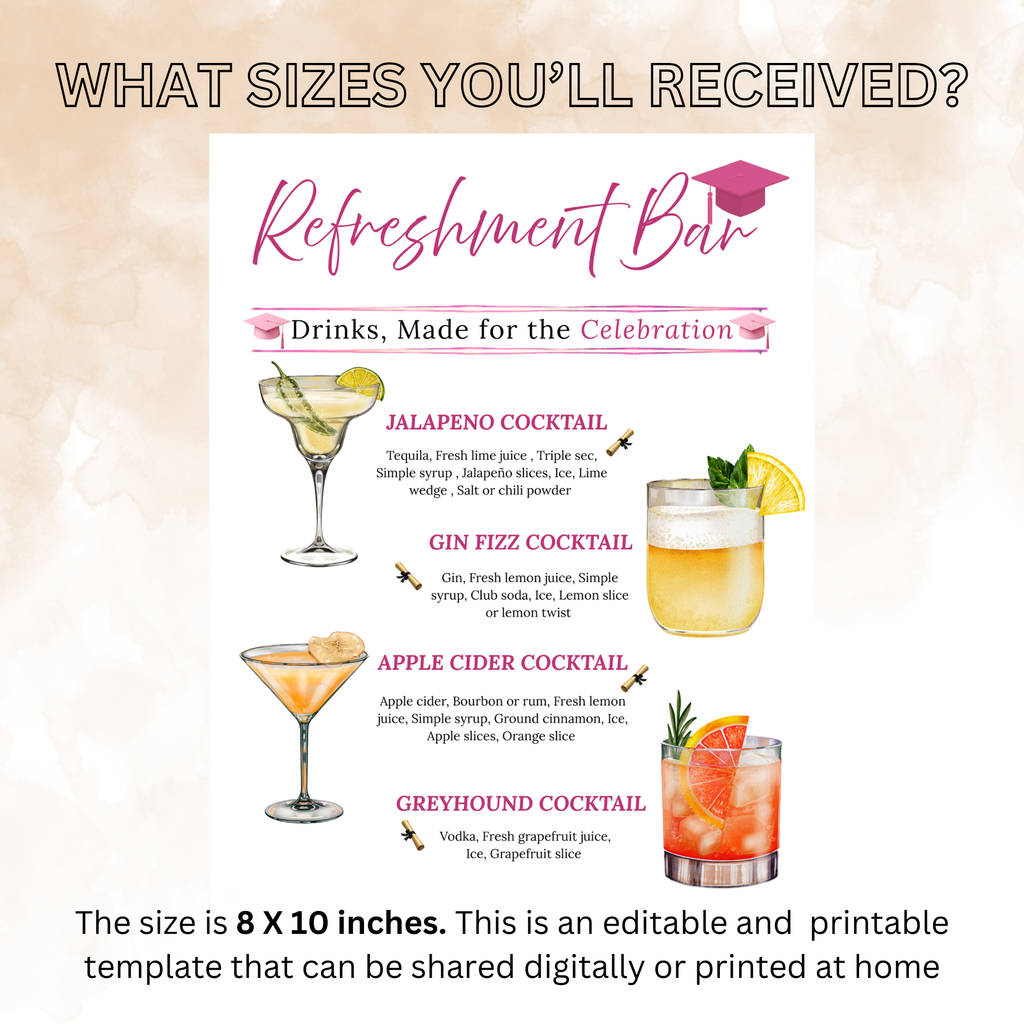 Graduation Drink Sign Template, Signature Drinks Bar Menu, Class of 2026 High School College Grad Party Drinks, Editable Canva Printable