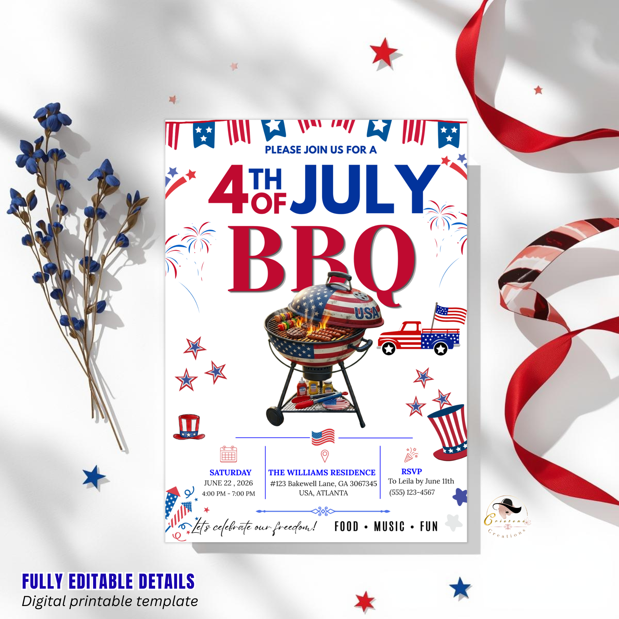 4th of July BBQ Cookout Invitation, Independence Day Patriotic Fireworks Party Invite, Red White Blue Printable Digital Template
