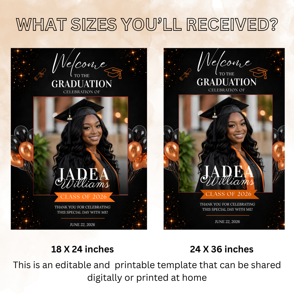 Orange Graduation Party Welcome Sign with Photo, High School College Grad Dinner Brunch Poster Sign, Editable Canva Printable Template