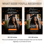 Orange Graduation Party Welcome Sign with Photo, High School College Grad Dinner Brunch Poster Sign, Editable Canva Printable Template