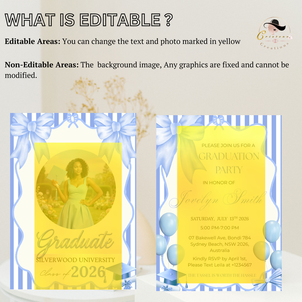 Blue Coquette Graduation Party Invitation, Senior Grad Announcement with photo invite, Bow Theme University Graduates Printable Template