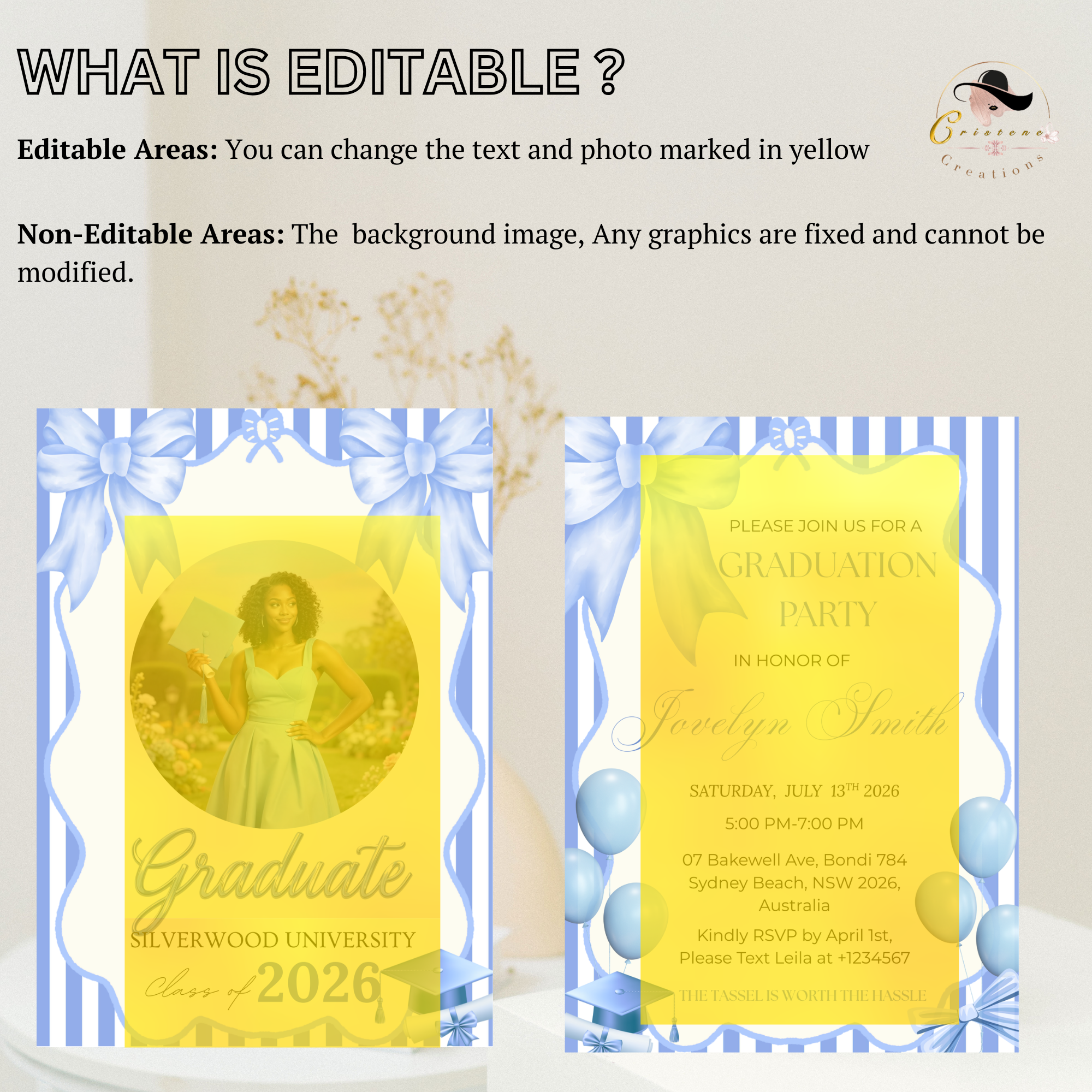 Blue Coquette Graduation Party Invitation, Senior Grad Announcement with photo invite, Bow Theme University Graduates Printable Template
