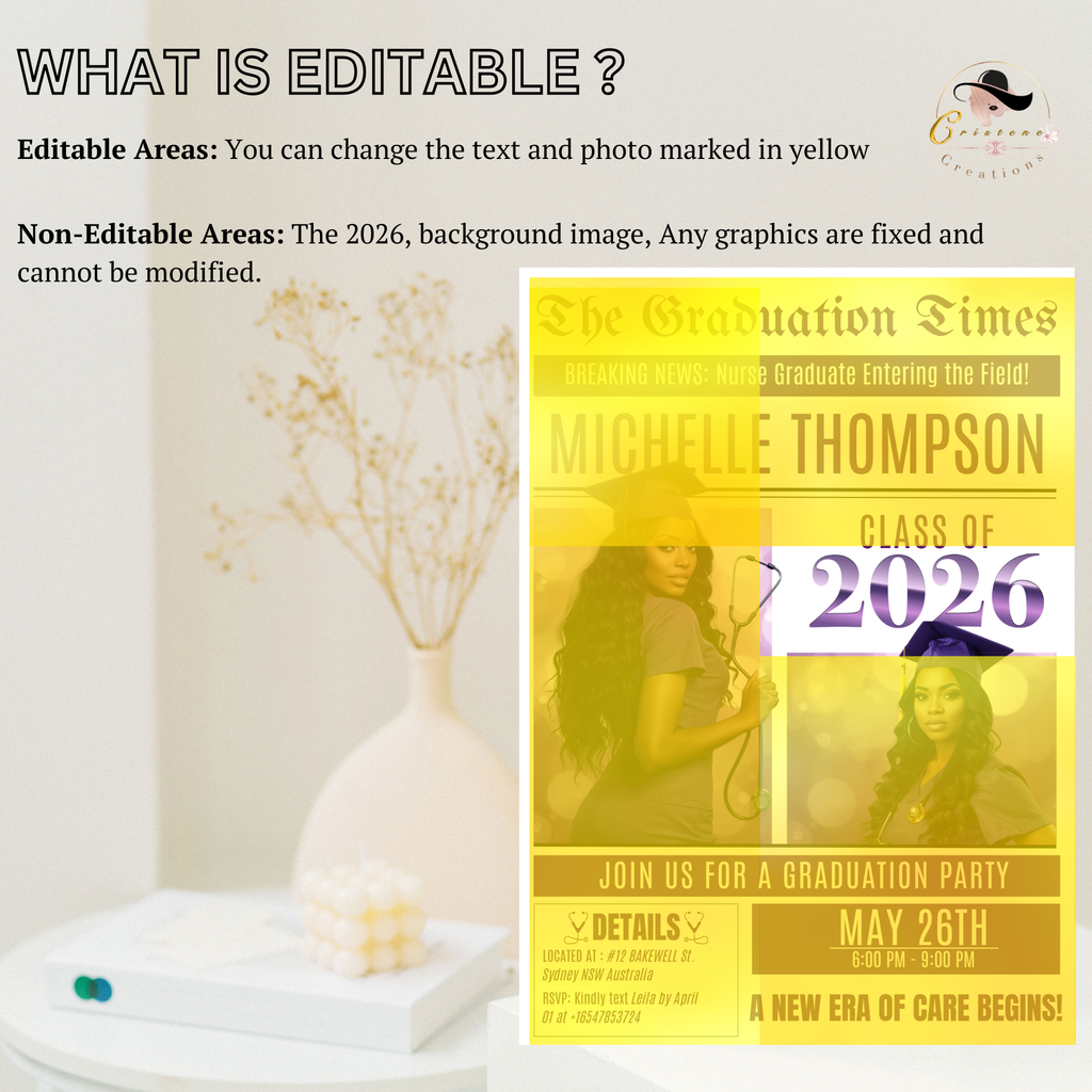 Newspaper Nurse Graduation Announcement Invitation, RN Pinning Ceremony with photo invite, LPN Nursing Graduates, BSN Purple Flyer Template