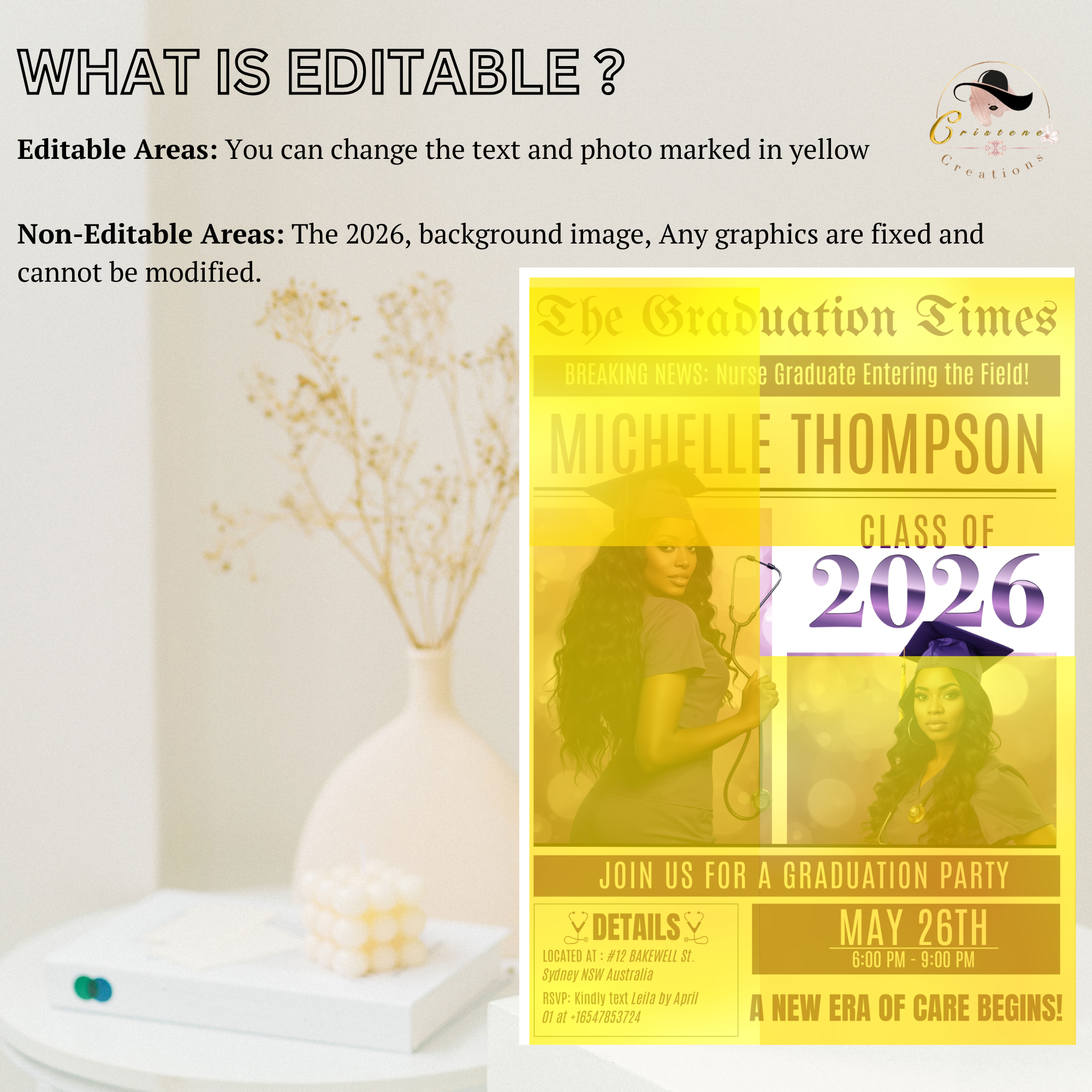 Newspaper Nurse Graduation Announcement Invitation, RN Pinning Ceremony with photo invite, LPN Nursing Graduates, BSN Purple Flyer Template