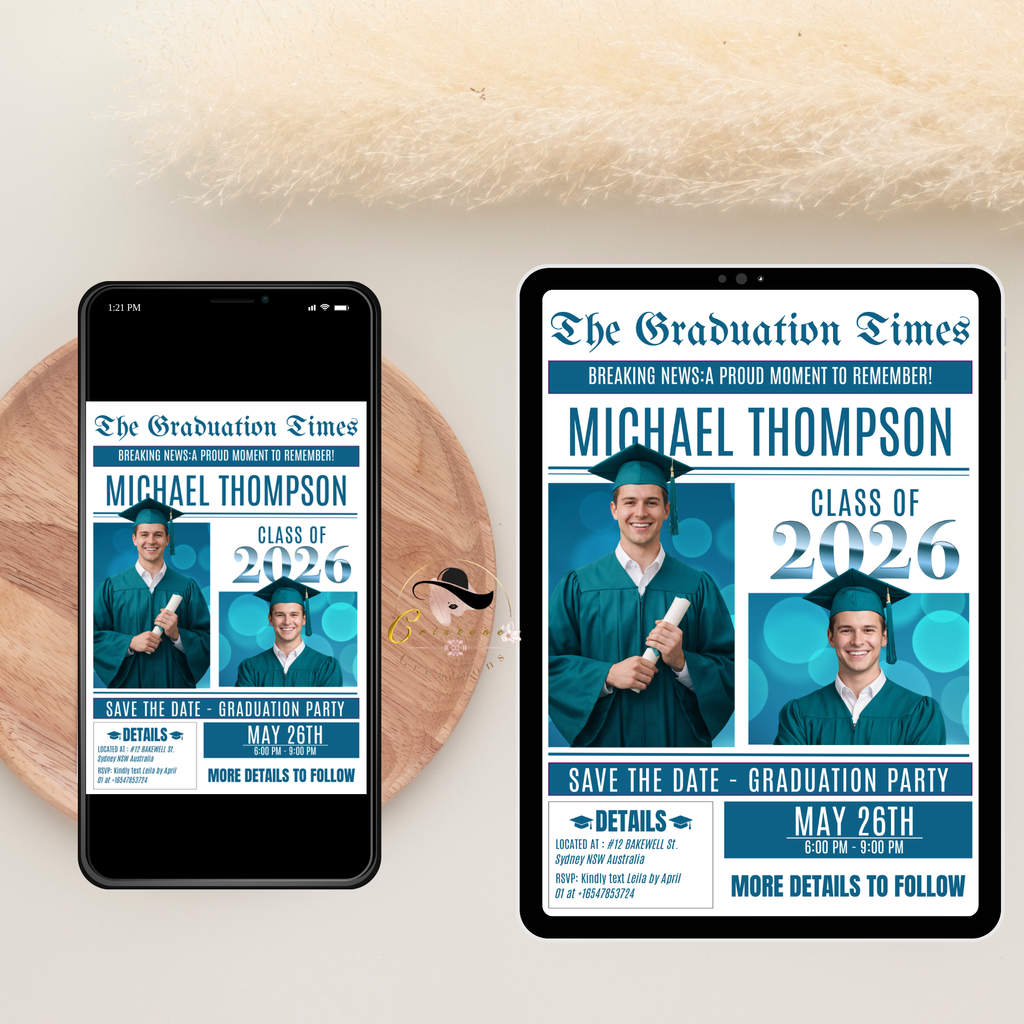 Teal Graduation Save the Date Invitation, Newspaper Grad Party with photo Invite, High School Class 2026 Boy Girl Digital Printable Template