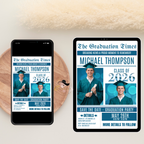 Teal Graduation Save the Date Invitation, Newspaper Grad Party with photo Invite, High School Class 2026 Boy Girl Digital Printable Template