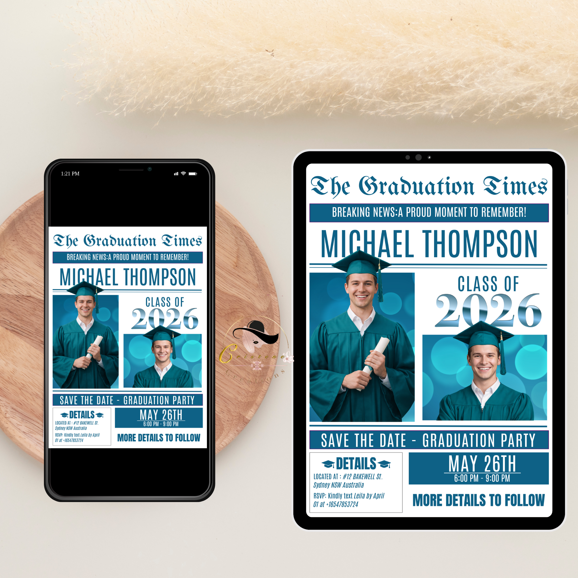 Teal Graduation Save the Date Invitation, Newspaper Grad Party with photo Invite, High School Class 2026 Boy Girl Digital Printable Template