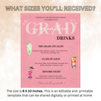 Pink Graduation Signature Drinks Menu Sign, Senior Grad Bar Menu Template for Her, Nurse Cocktail Menu, Class of 2026 Canva Printable