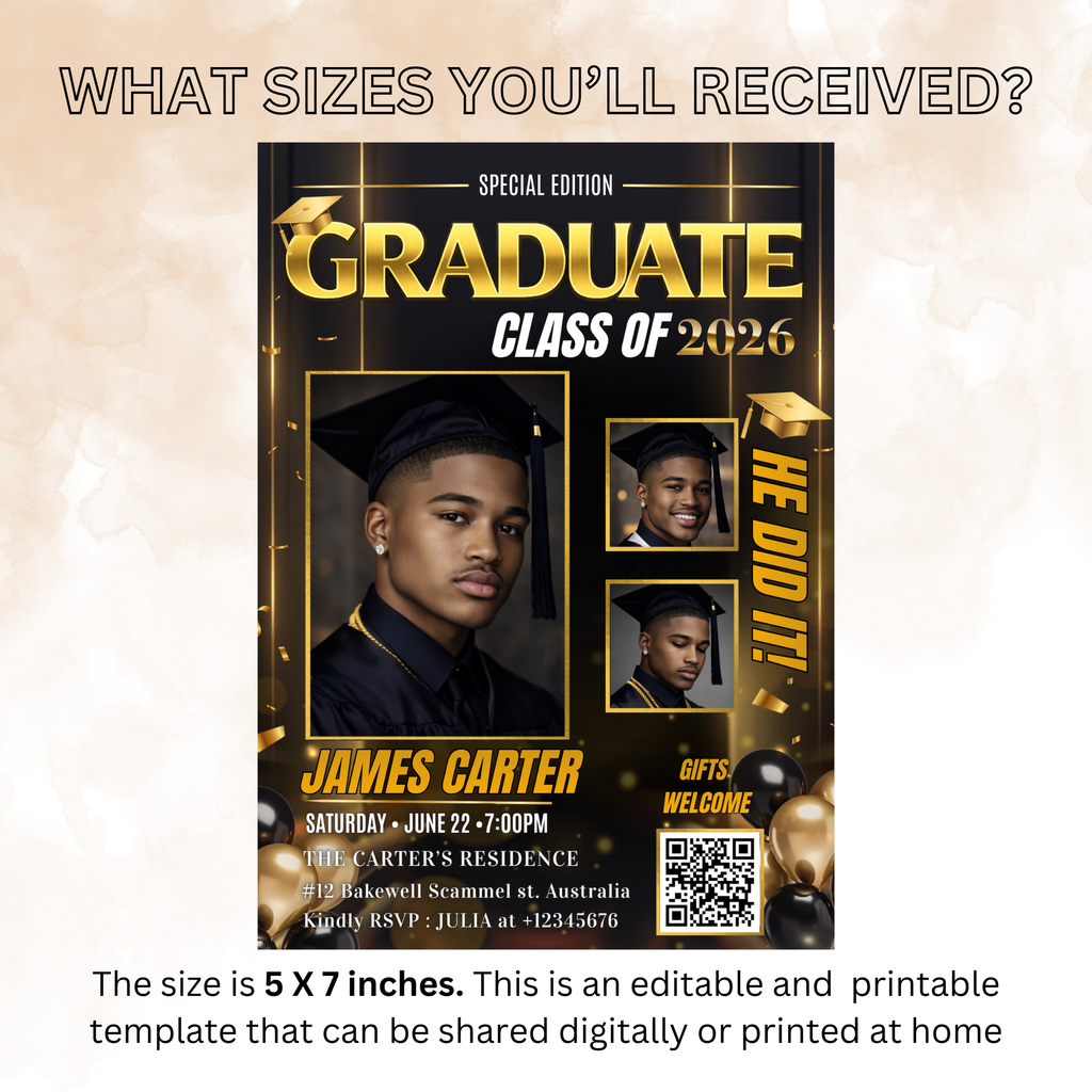 Boy Graduation Announcement 2026 Invitation, Black gold Senior Grad Party with photo invite, Male College High school Graduates Template