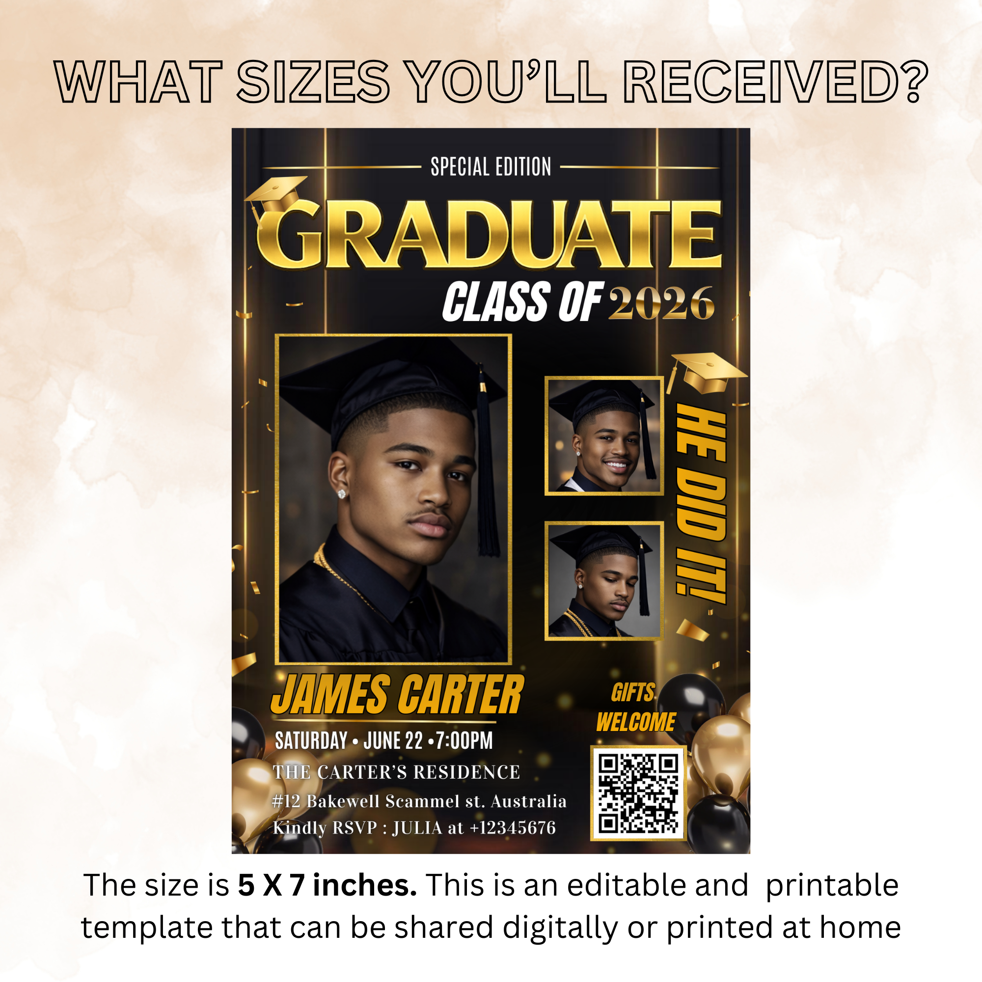 Boy Graduation Announcement 2026 Invitation, Black gold Senior Grad Party with photo invite, Male College High school Graduates Template