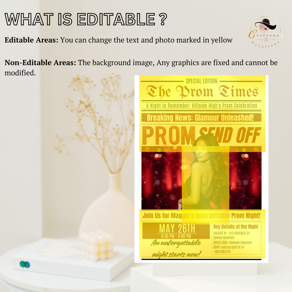 Newspaper Prom Send Off Invitation, Red Prom Queen with photo invite, Teen Boy Prom Night Party Flyer, Highschool Digital Printable Template