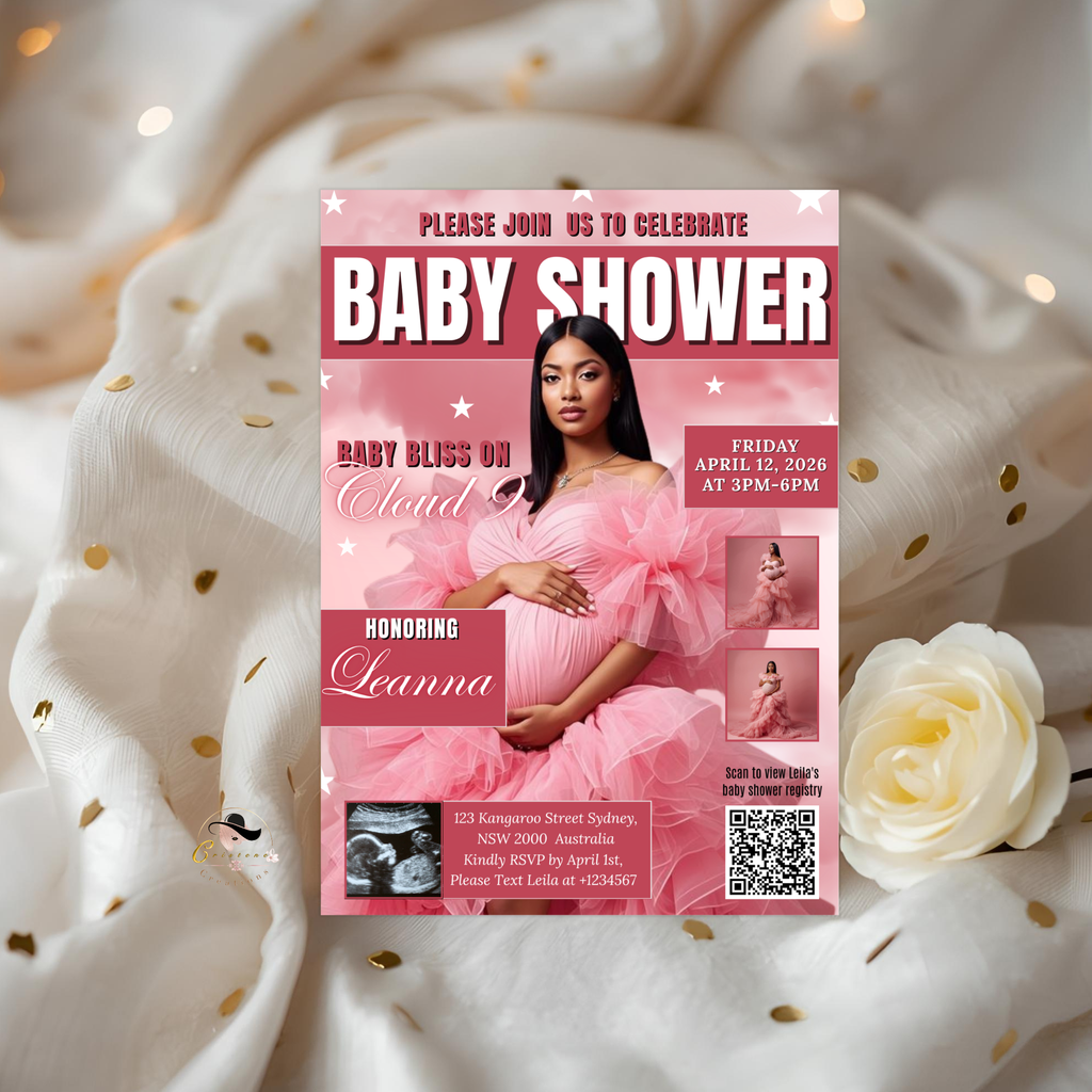 Cloud 9 Baby Shower Invitation with Photo, Pink Baby Girl Shower Invite, Cloud Nine Invite, Printable Editable Digital Template