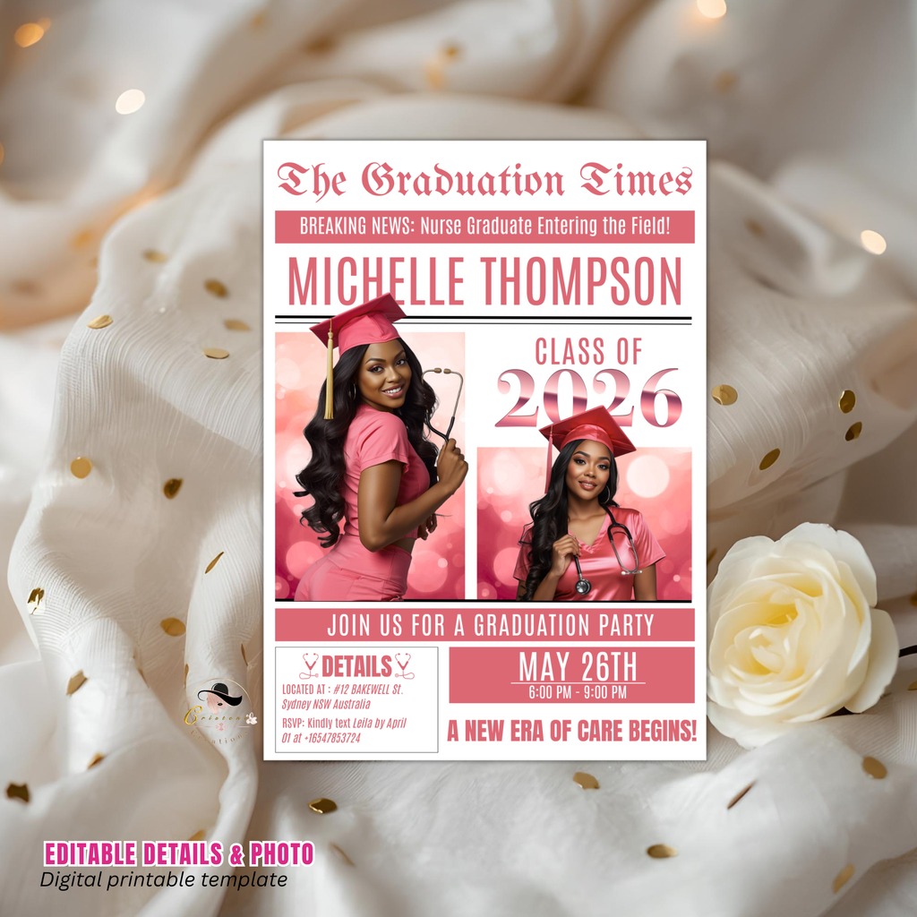 Pink Newspaper Nurse Graduation Invitation, 2026 RN Pinning Ceremony with photo invite, LPN Nursing Graduates, Woman BSN Flyer Template