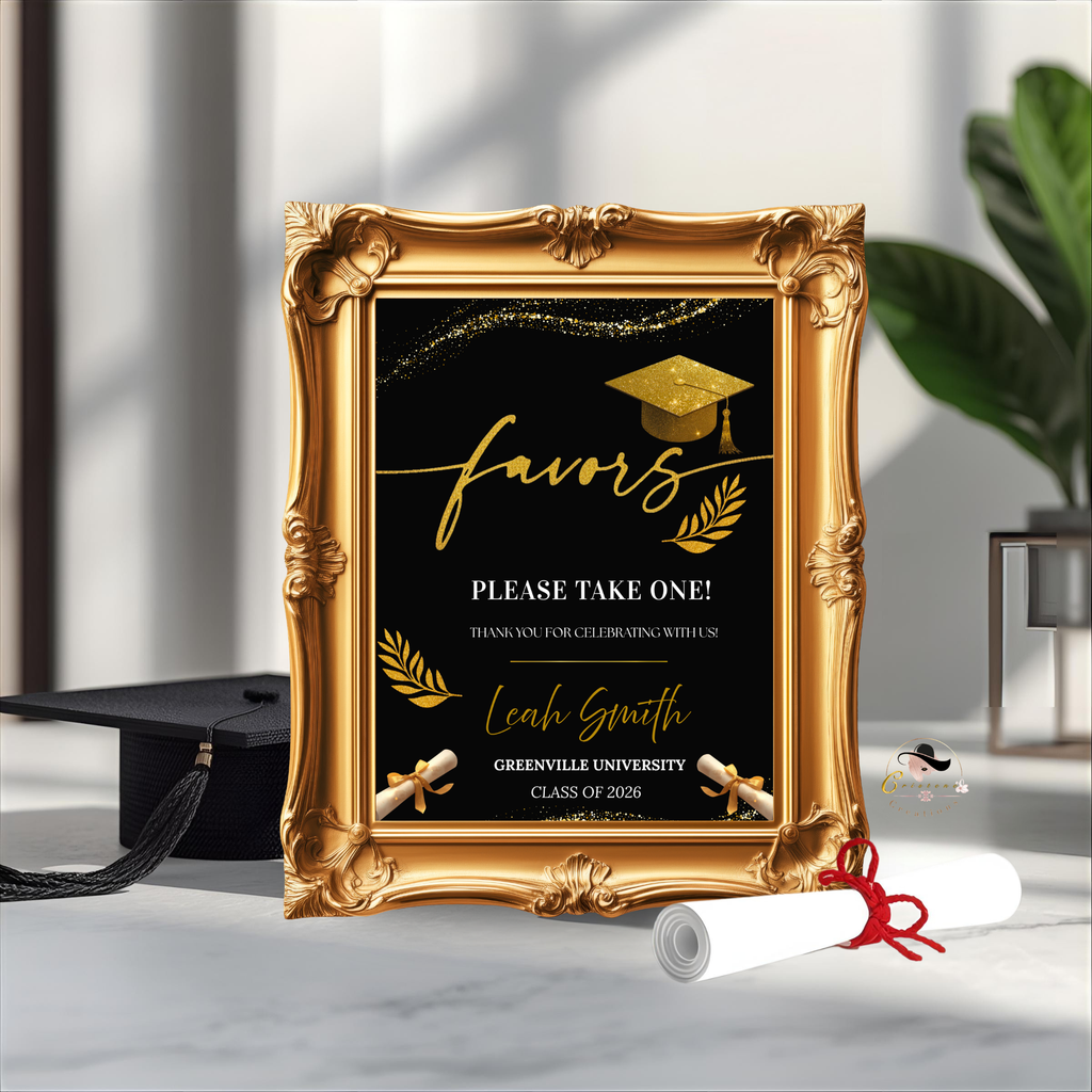 Graduation Favor Sign Template, Black Gold Grad Table Sign, Class of 2026 Party Favors Sign, High School Party Sign, Digital Printable Canva
