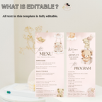 Baby Shower Menu and Program Template, Brown Bear Cloud 9 Baby Shower Itinerary, Neutral Baby Shower Party, Editable Canva Printable Card