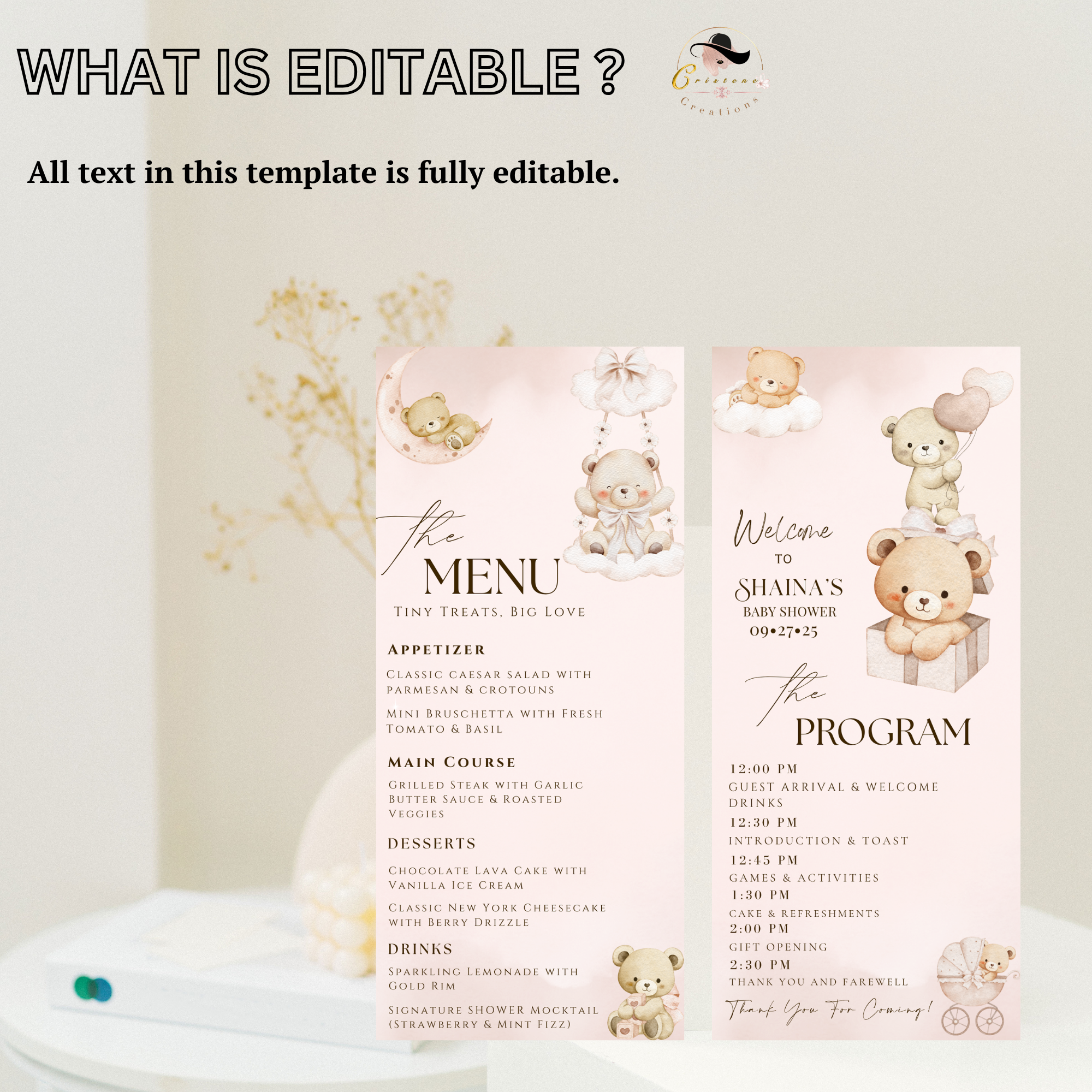 Baby Shower Menu and Program Template, Brown Bear Cloud 9 Baby Shower Itinerary, Neutral Baby Shower Party, Editable Canva Printable Card