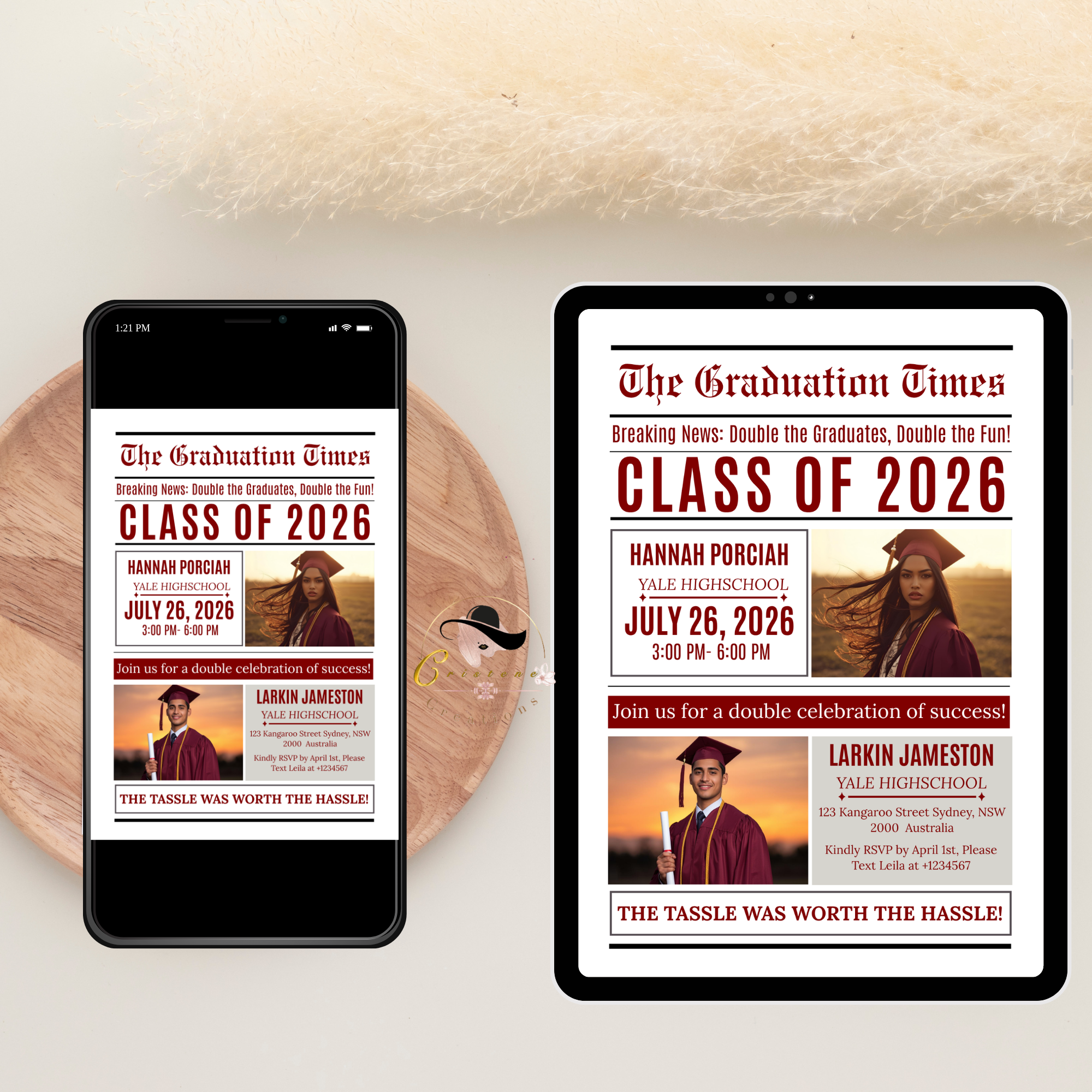 Double Graduation Invitation Newspaper with Photo, Editable Class of 2026 Twin Grad Party Invite, Canva Printable Template for Him and Her